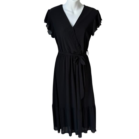 Fit  Flare Black Midi Dress Small Flutter Sleeve Mock Wrap Coquette Flirty Flowy - Picture 1 of 16